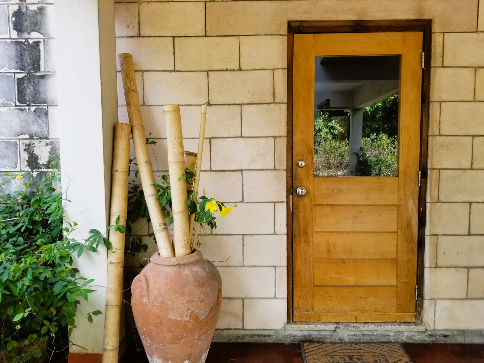 office entry of stone block with timber door, terracotta jar of bamboo and yellow flowers.
