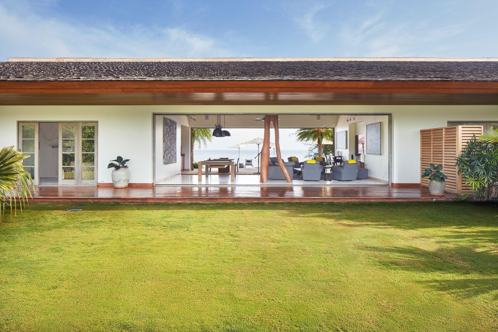 poolhouse, grass, tropical, exterior, outdoor, open, timber, wood, accents, open living