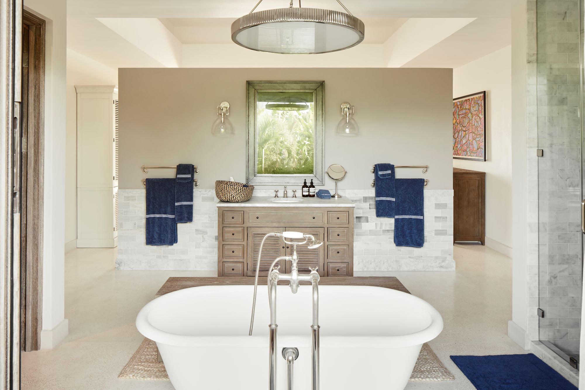 bathroom, tub, vanity, mirror, pedant light, shower, tropical design, interior design