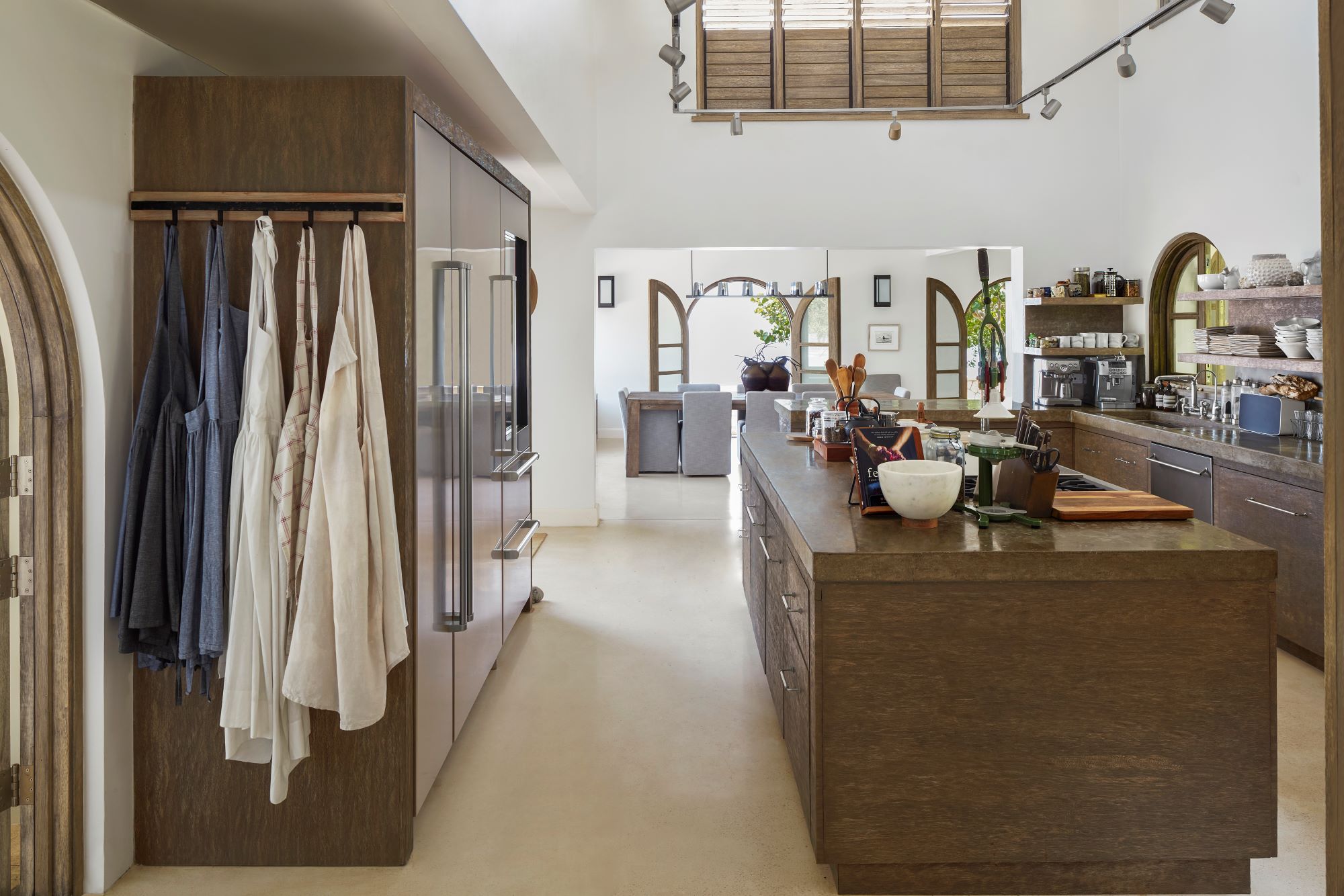 kitchen, interior, island, kitchen island, open concept, arch window, arch door, arch openings, tropical, timber, wood