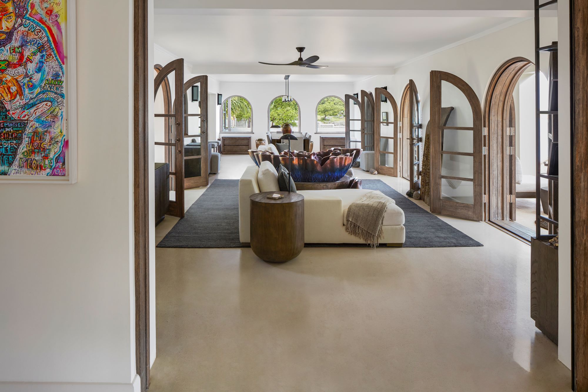 Interior, living room, arch doors, arch openings, arch windows, cross ventilation, architecture, timber, natural light, ceiling fan