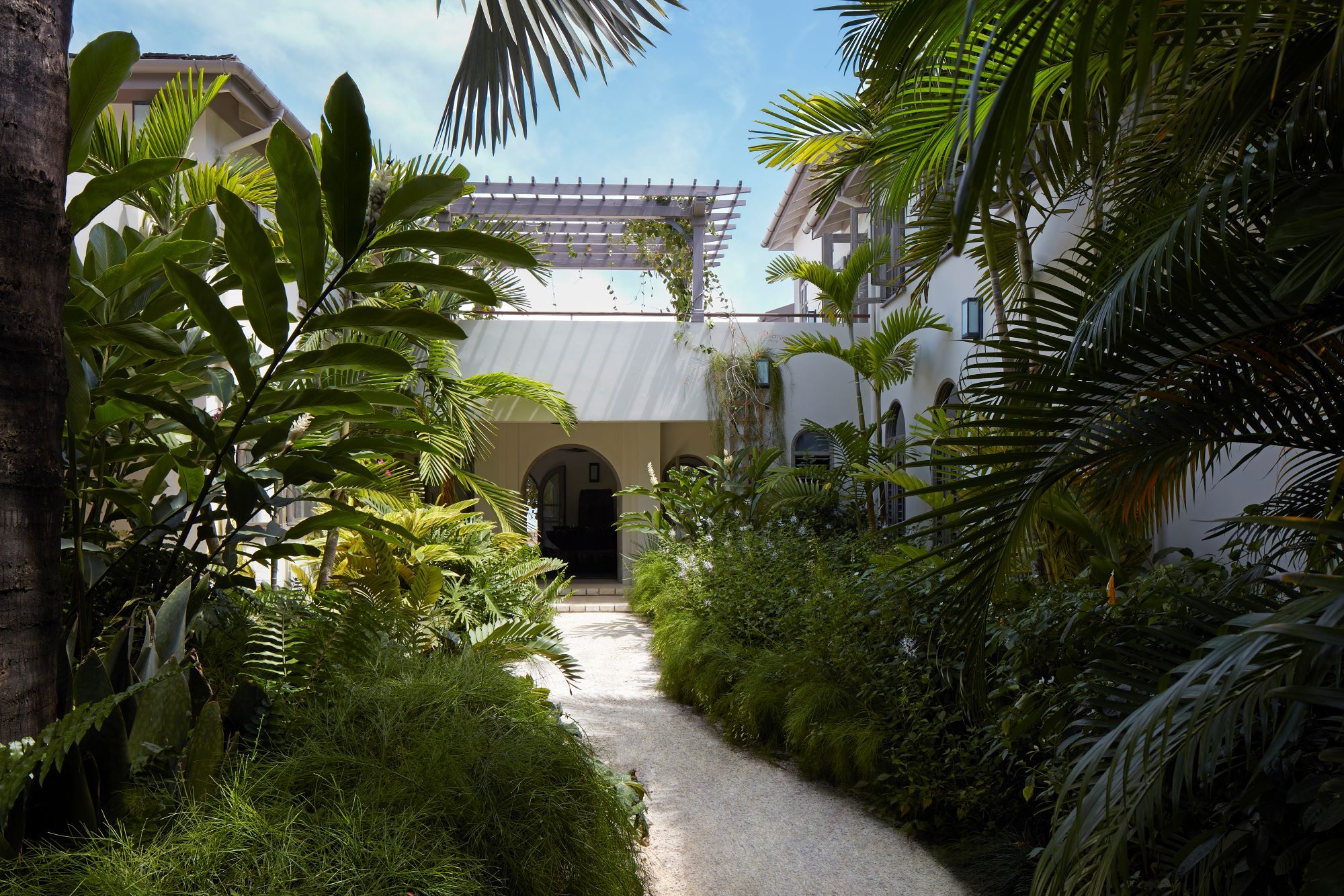 trellis, arch, entry, exterior, landscape, palms, vegetation, arch openings, arch door, tropical, tropical design, Caribbean, house, home, blue sky