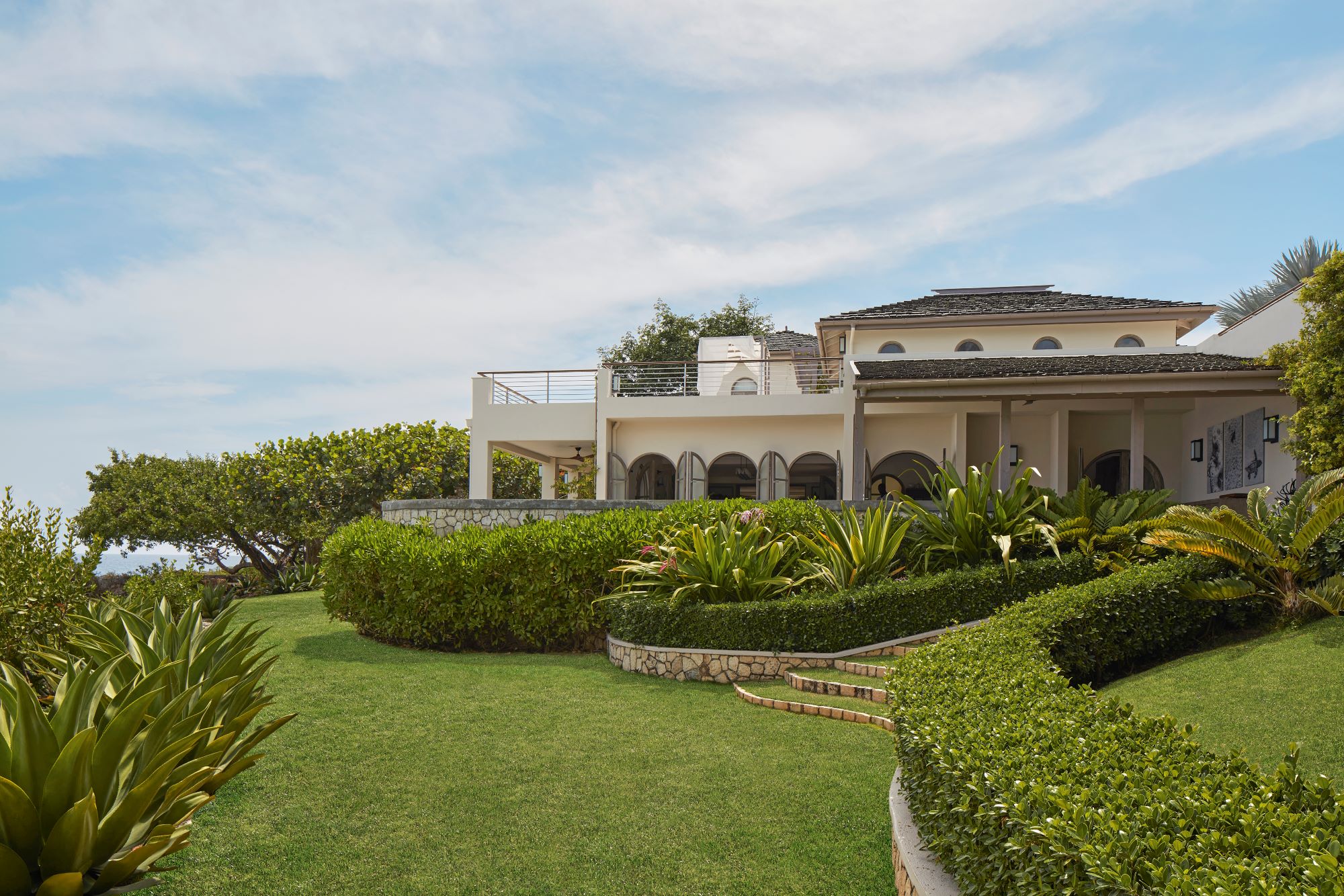 Jamaica, house, villa, home, landscape, concrete, grass, tropical, blue sky, clouds