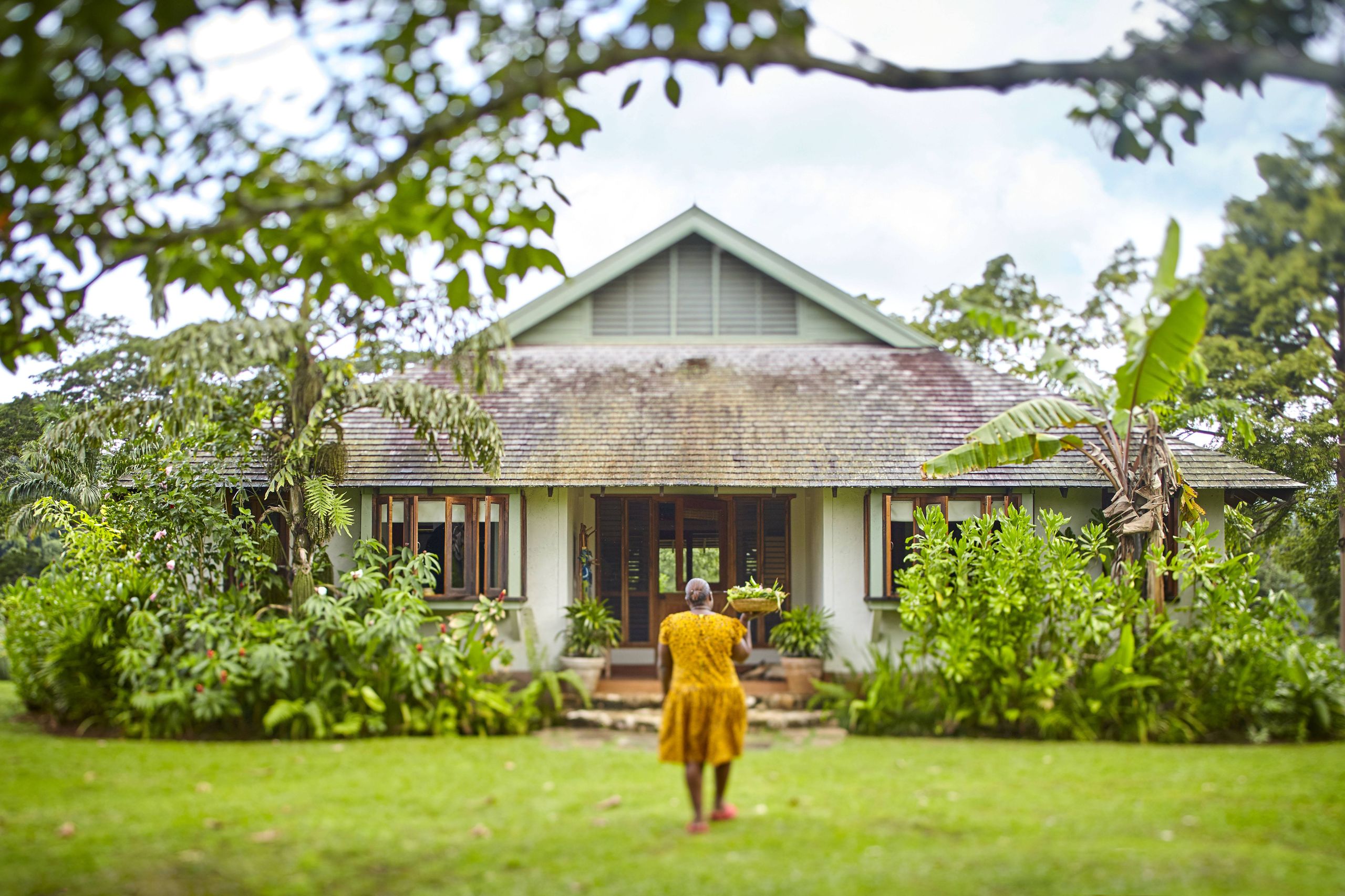 A wide, centered view of the country cottage. A woman in a yellow dress stands in the foreground on a manicured lawn, facing the front entrance, holding a tray. The cottage has a shingled roof, white walls, and is framed by lush tropical greenery and tree branches.