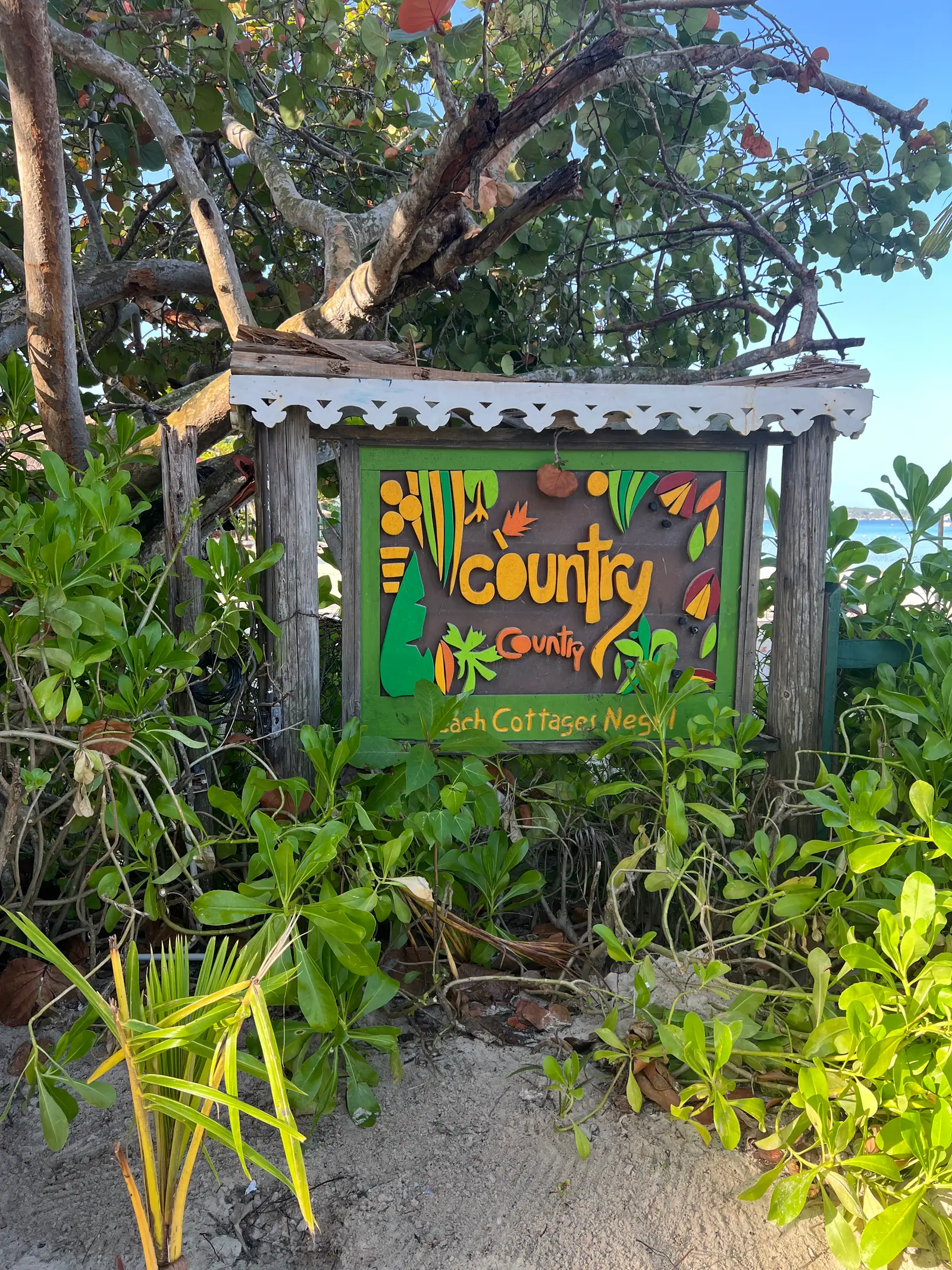 covered walkway between green cottages with timber columns, fretwork and lush planting on both sides.