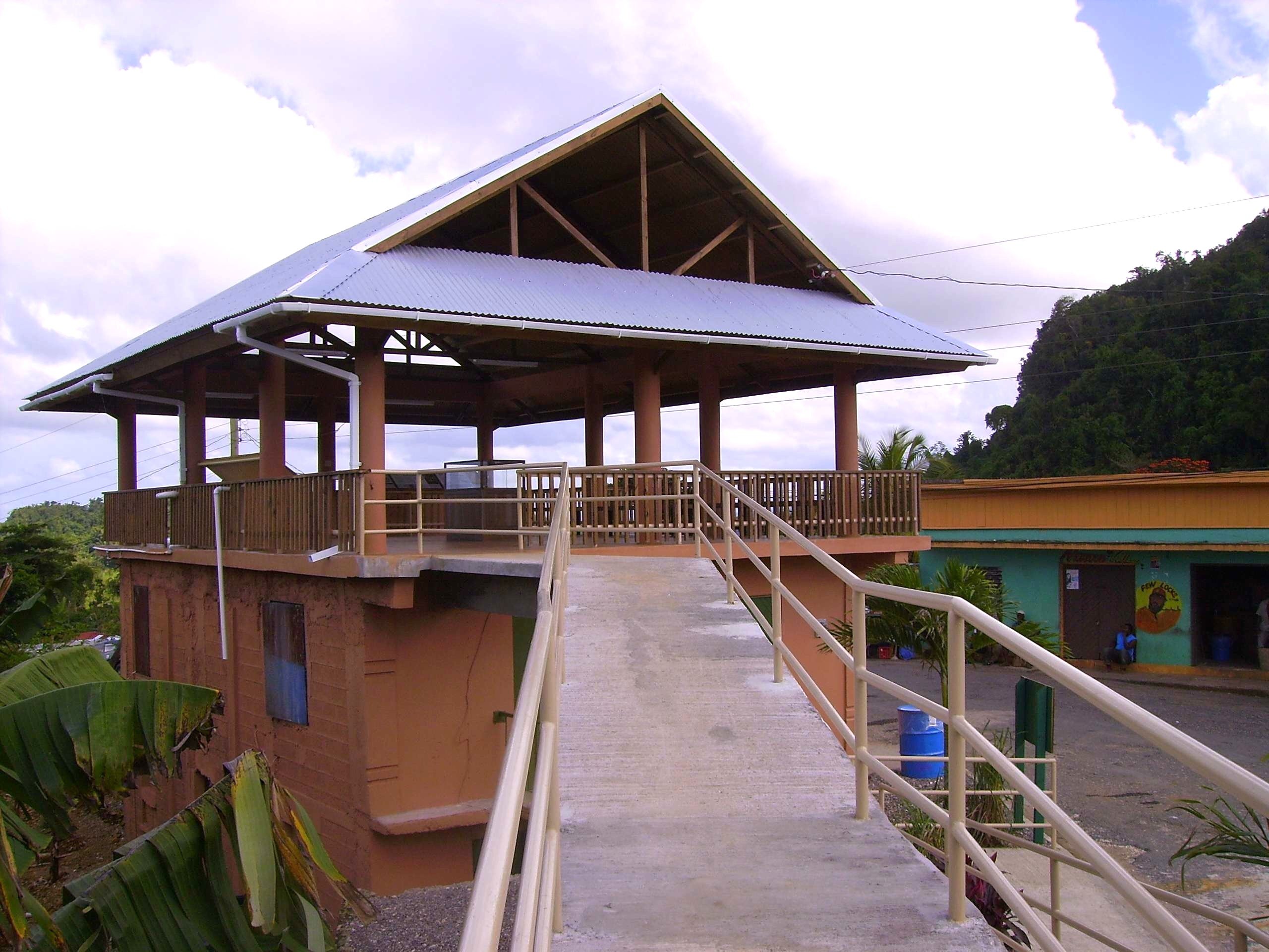 cockpit country, flagstaff, interpretive centre, interpretive center, ramp, community center, open-air structure, timber construction, truss