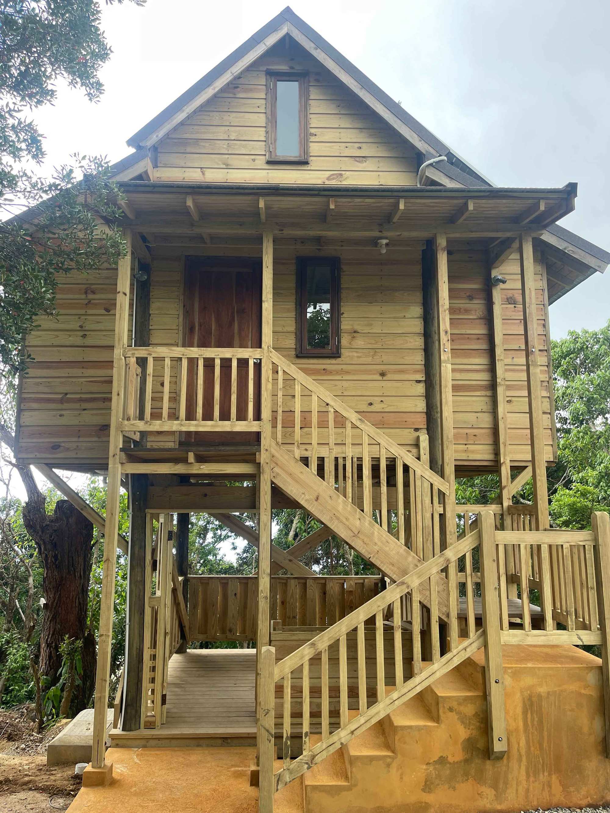 A straight-on, low-angle view of the front of an elevated wooden cabin at Holywell Park. A prominent wooden staircase with railings leads from the ground up to the main floor entrance. The cabin has natural wooden siding, a dark wooden door, and two small vertical windows, all under a steeply pitched roof.
