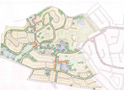 Aerial master plan drawing of a residential development. The plan shows curving streets and cul-de-sacs (yellow lots), integrated green open spaces, parks, blue water features, and small clusters of orange community buildings.