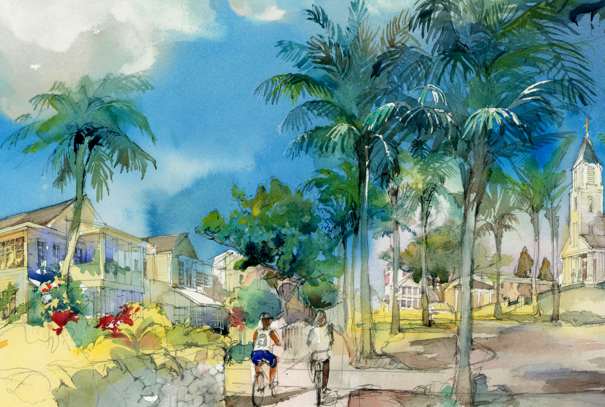 Watercolor architectural rendering of a tropical residential street scene. Tall palm trees line a path where two people are riding bicycles past traditional-style homes, with a church steeple visible in the distance.