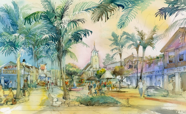 Watercolor architectural rendering of a tropical town center plaza. The scene is lined with palm trees and features a central clock-towered church, retail buildings (including a 'Market Gallery' and 'Internet Cafe'), and people gathering and cycling.