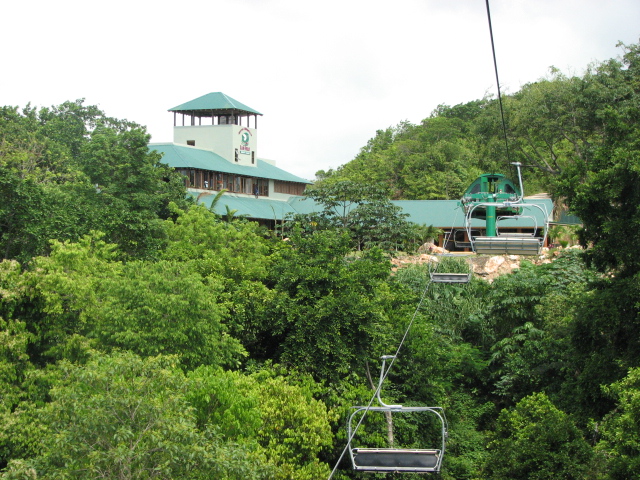 View from a chairlift approaching the main green-roofed building of Mystic Mountain Bobsled Jamaica, surrounded by lush green rainforest vegetation.