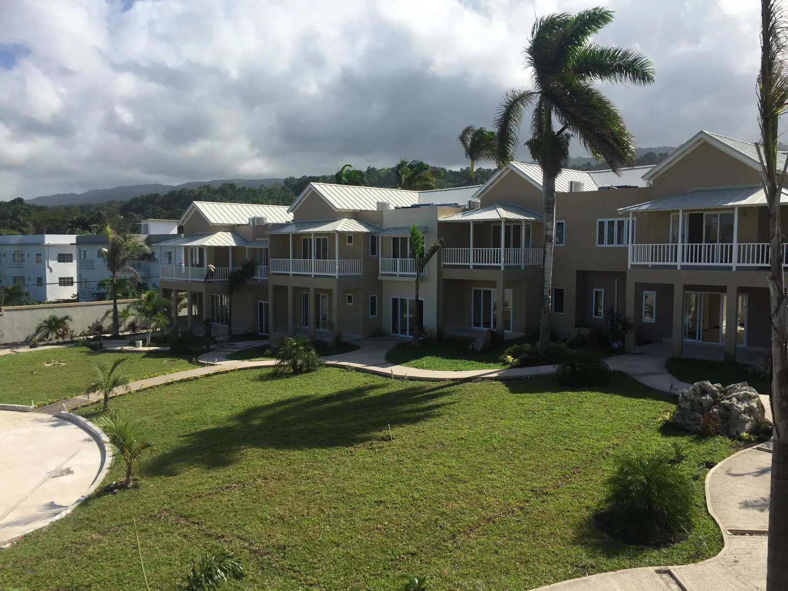 central courtyard of two-storey townhouses with white verandahs, curved footpaths and lawn, tall palm at center.