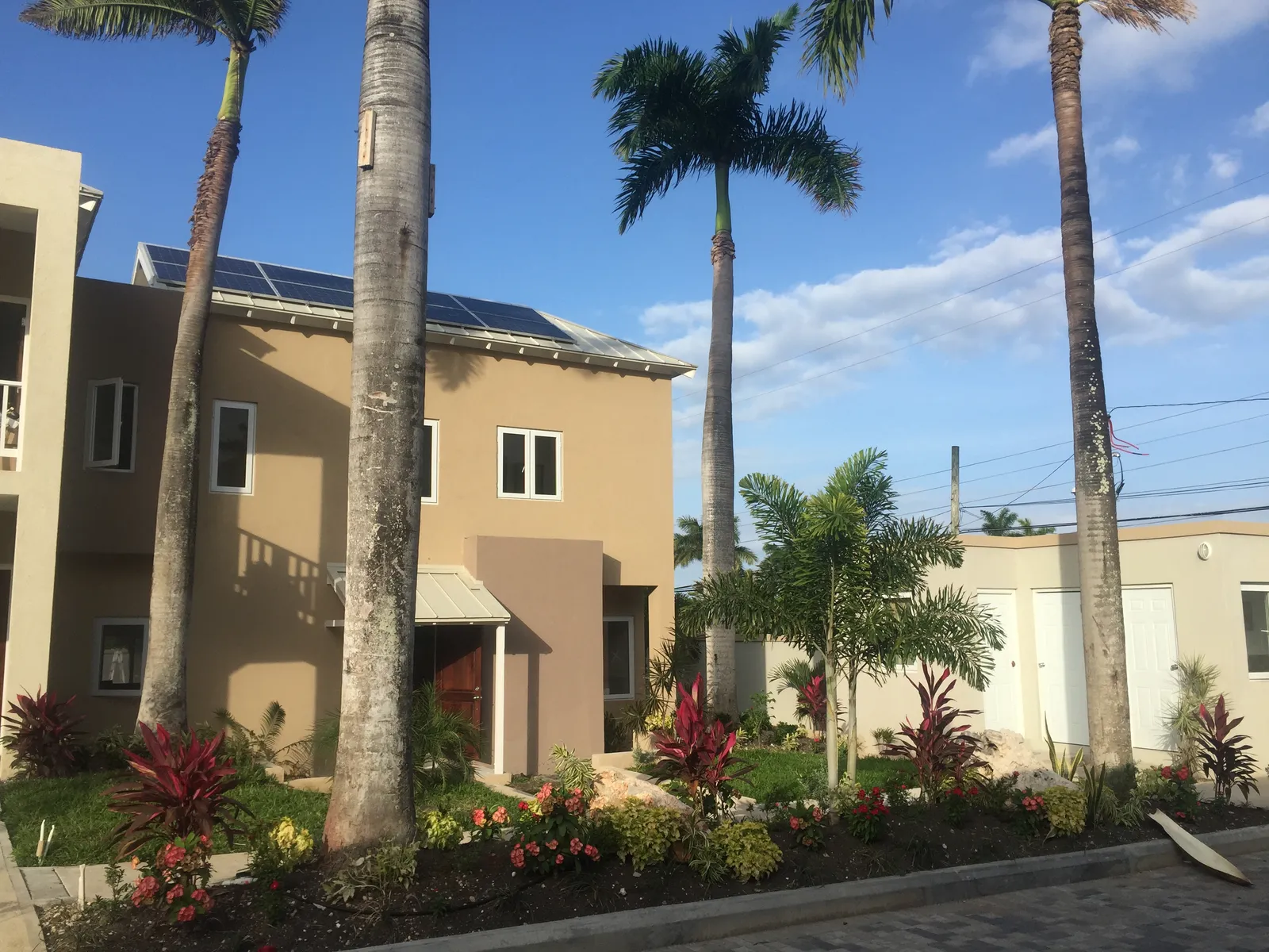 wide courtyard elevation of terraced blocks with verandahs, mountain backdrop and swaying palms.