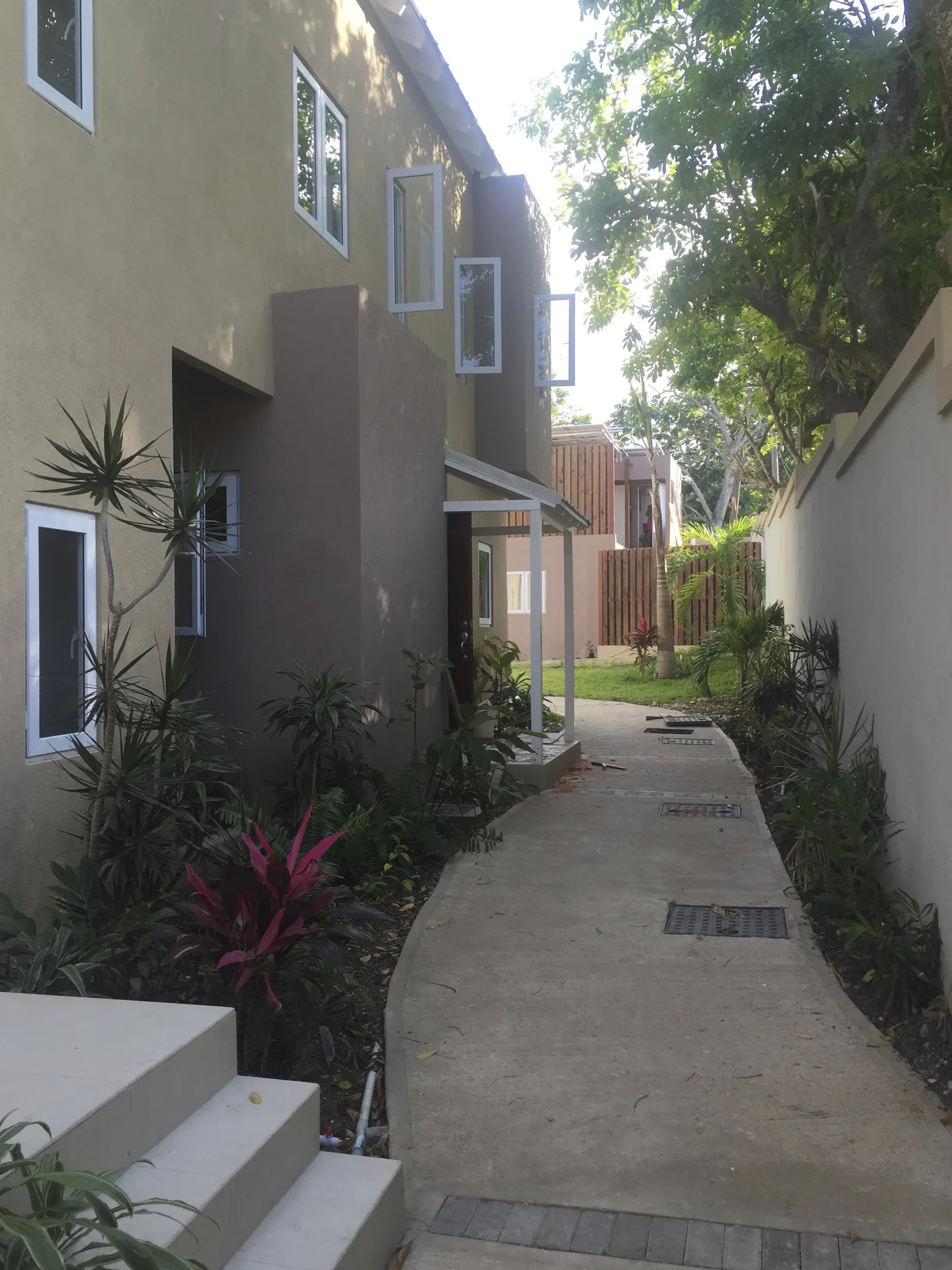 side walkway along townhouse block with projecting bays, open windows and new planting leading to the courtyard.