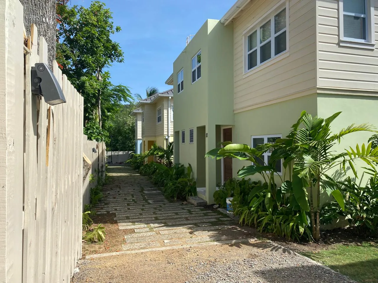 narrow service lane between pastel two-storey homes, paver drive and dense tropical planting along a timber fence.