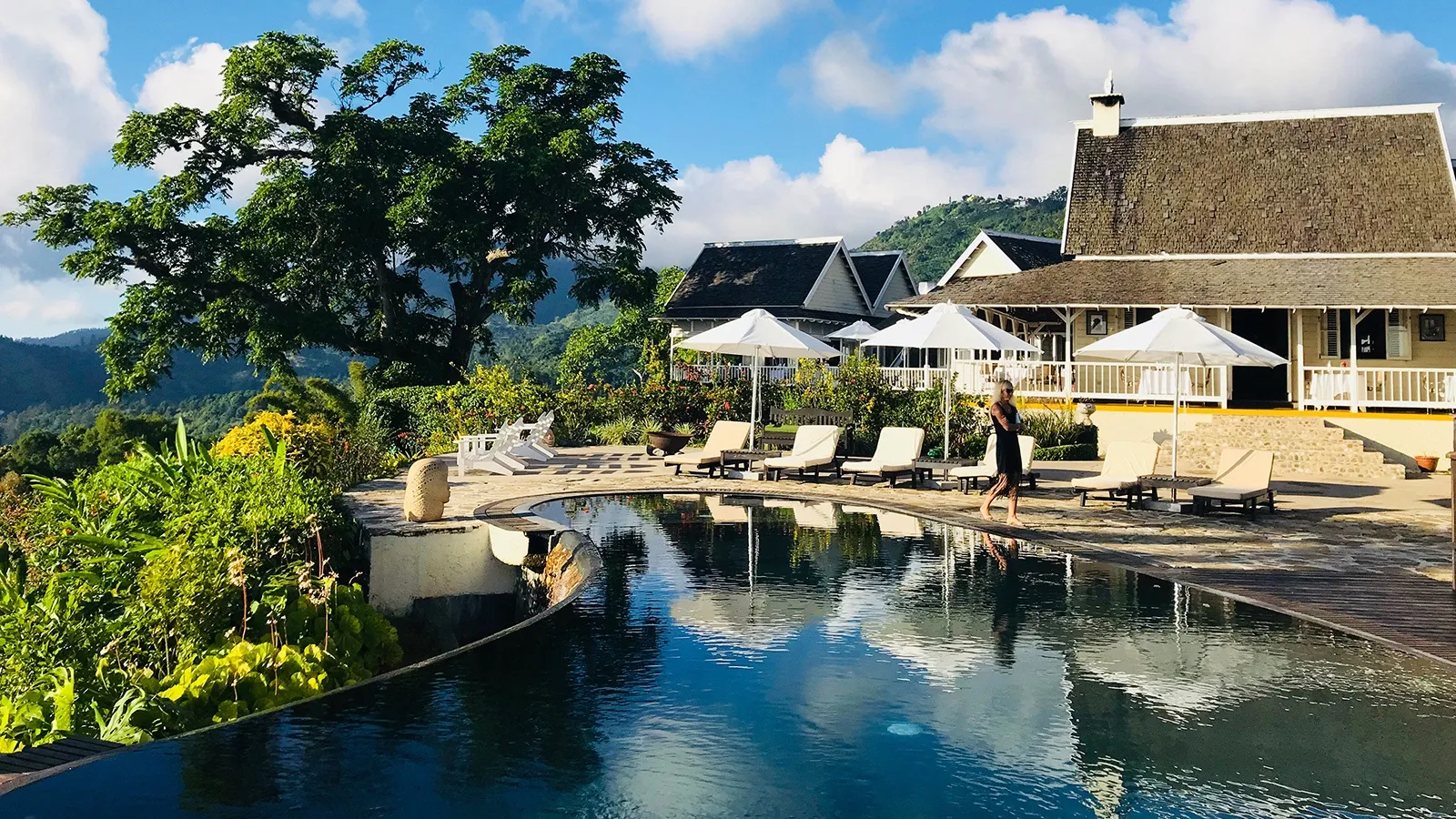 pool terrace with curved infinity-edge pool, white umbrellas and loungers; great house verandah and Blue Mountains backdrop.